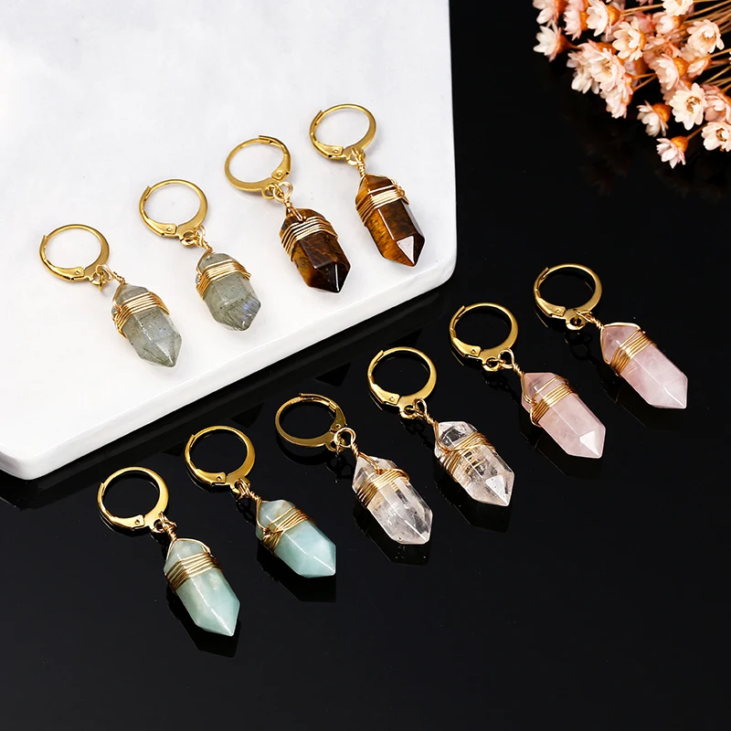 Change Better Natural Black Agate Pink Quartz Tiger Eye Stone Hexagon Dangle Earrings Women Reiki Healing Crystal Hoop Earring