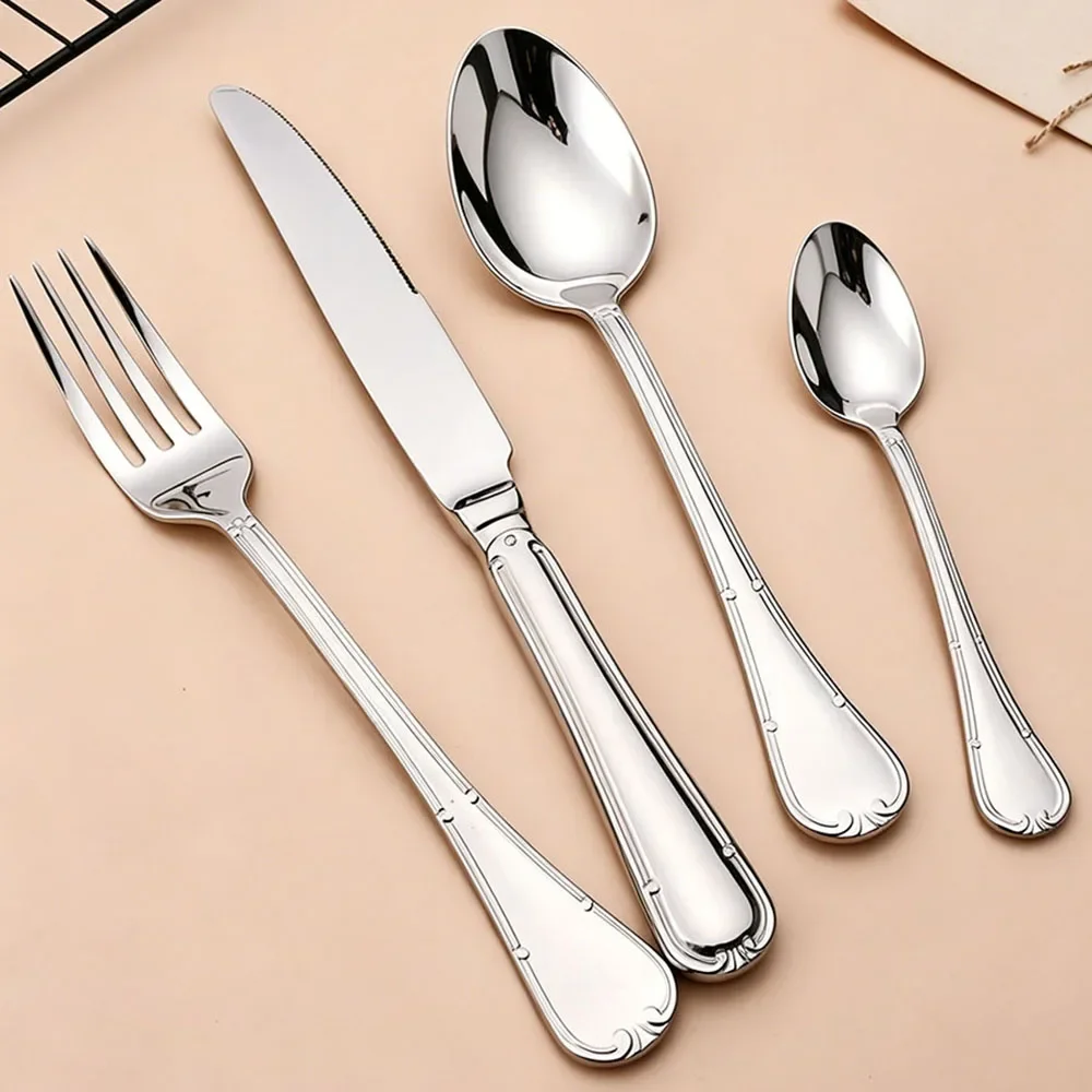 4Pcs Striped Handle Cutlery Set Stainless Steel Dinnerware Flatware Knife Fork Spoon Dinner Set Kitchen Home Tableware