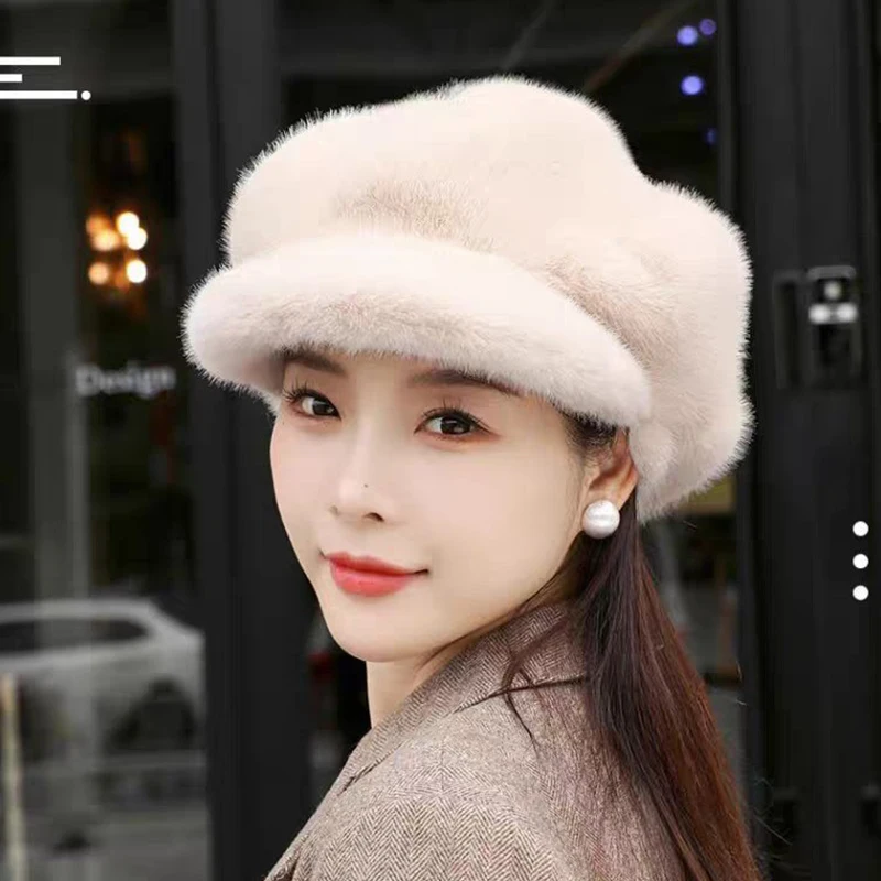 

Winter Fur Octagonal Hats for Women Solid Color Thicken Plush Berets Hat Ladies Casual Wool Hat Temperament Women Painter Caps