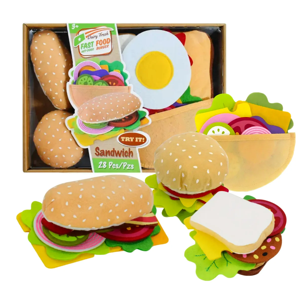 Flanel makanan permainan Sandwich Hamburger Set makanan (28 buah) Natal Halloween hadiah Natal, Halloween, hadiah Thanksgiving