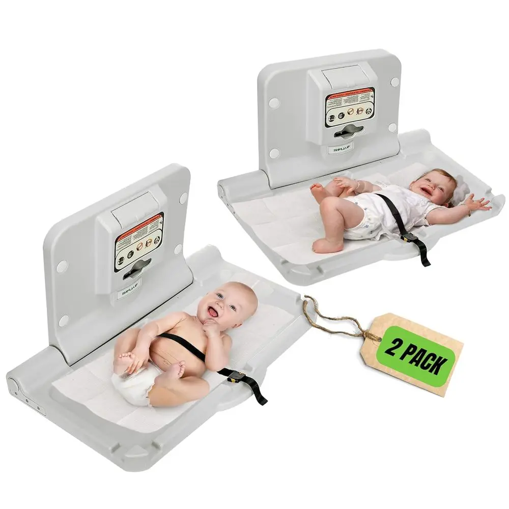 

2-Pack Horizontal Wall Mounted Baby Changing Stations - Safe Diaper Tables for Home or Commercial Use, ADA Compliant, White/Gray