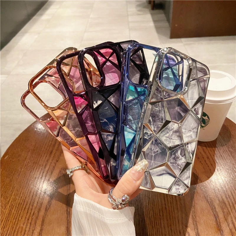 For iPhone 15 Pro Max Luxury Plating Silicone Frame Marble Phone Case For iPhone 11 12 13 14 15 16 Plus Soft Protective Cover