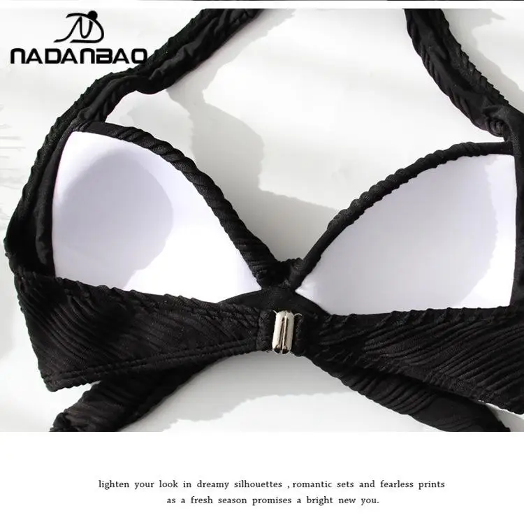 Nadanbao-Bikini negro con cuello en V para mujer, traje de baño cruzado con Espalda descubierta, traje de baño Sexy para fiesta en la playa