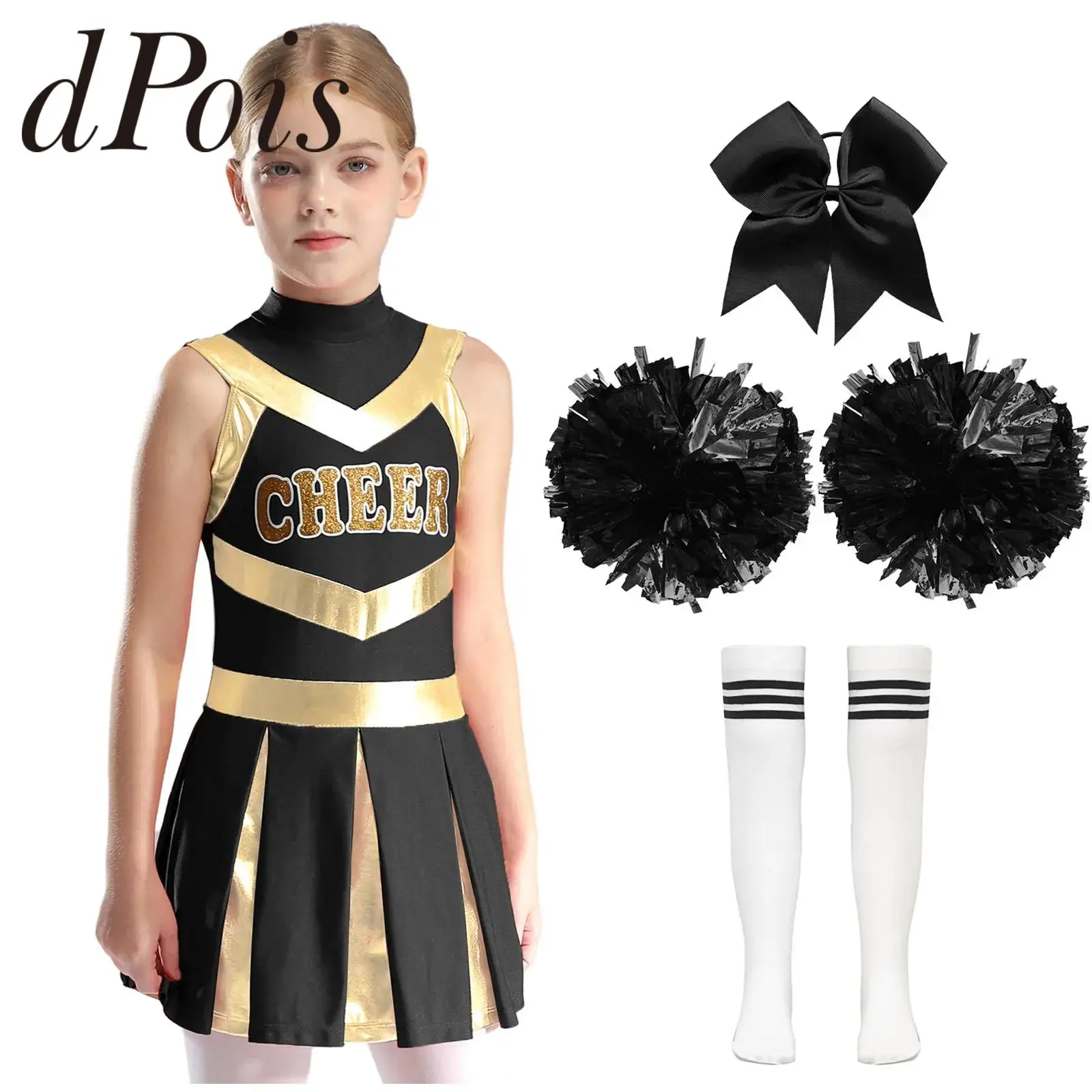 Kids Cheer Dance Outfit Girls Letter Print Pleated Dress Headwear Flower Balls Socks Cheerleader Costume Cheerleading Uniform