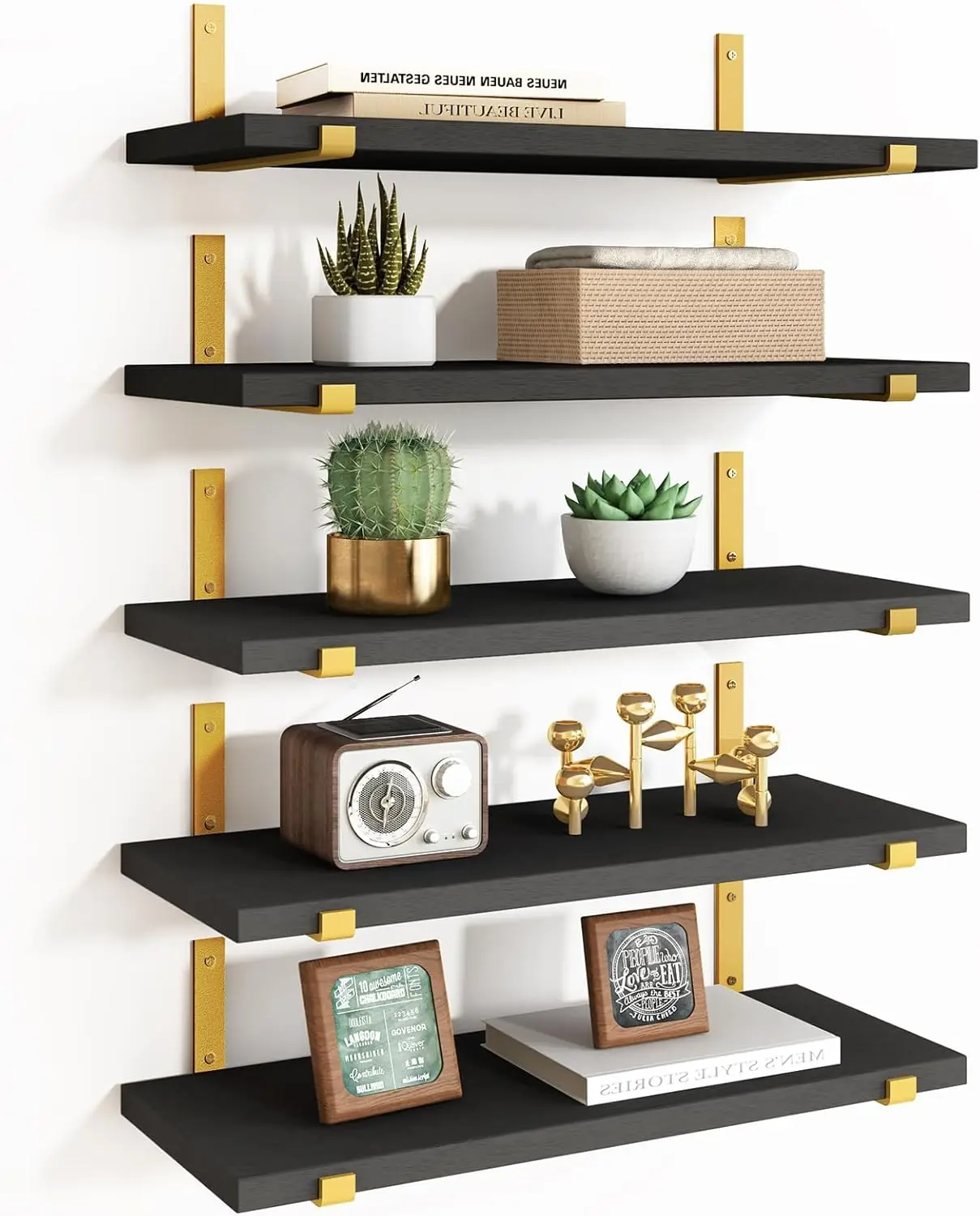 

Floating Black Gold Shelves Set of 5, Width 4.7 Inches, Rustic Wood Wall Storage Shelves for Bedroom, Living Room, Kitc