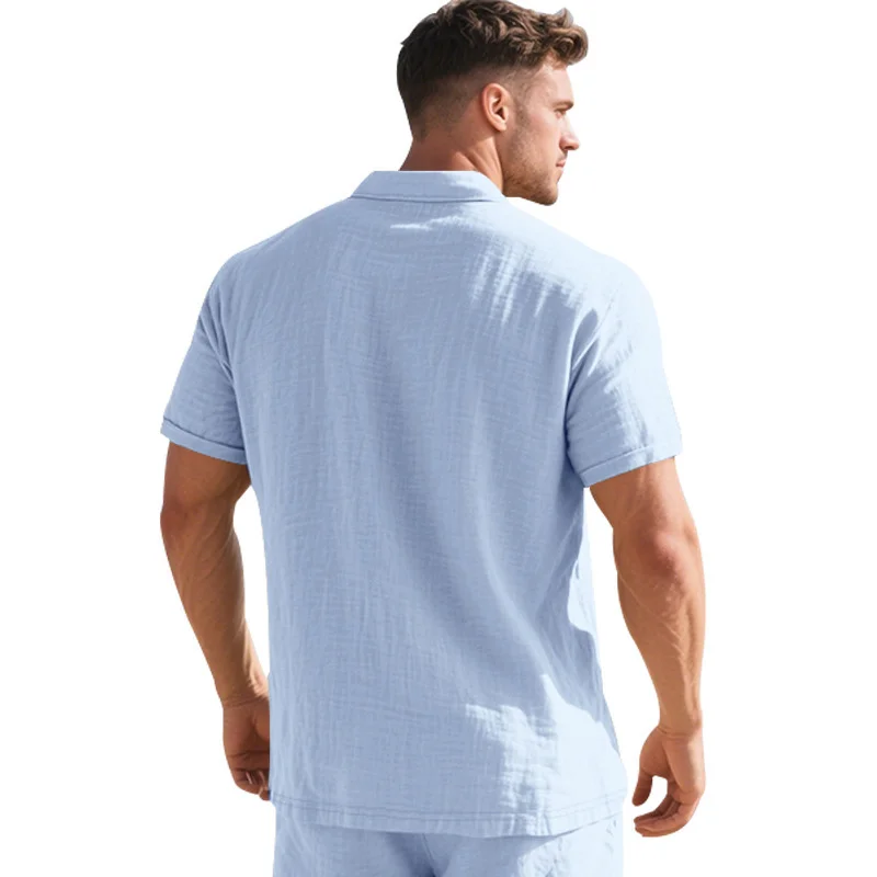 Hochwertiges Leinen-Poloshirt mit kurzen Ärmeln für Herren, lässig, locker, bequem, Sommer-T-Shirt mit Knopfverschluss und Umlegekragen. – Detail 22