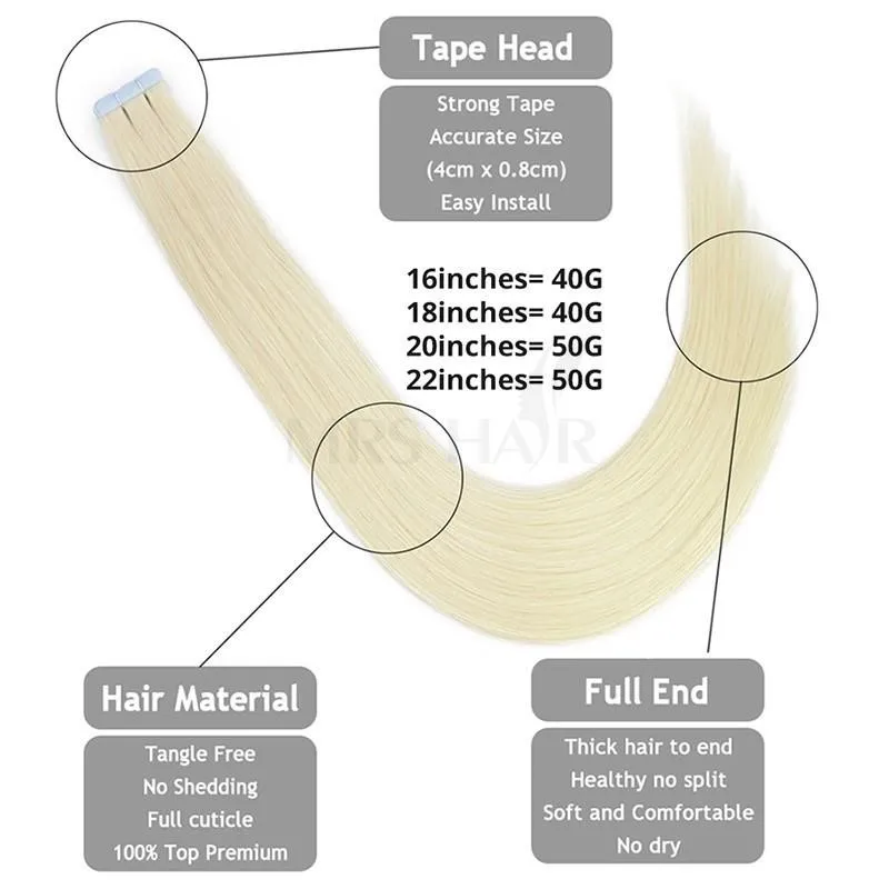 Cuticle Remy Double Drawn Tape In Human Hair Thick Ends Best Quality Tape In Extensions 16 18 20 22 inch 20pcs Fast Shipping