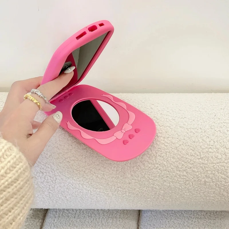 3D Pink Bow Cellphone Telephone Flip Mirror Silicone Phone Case For iPhone 18 17 16 15 14 13 12 11 Pro Max Cartoon Soft Cover
