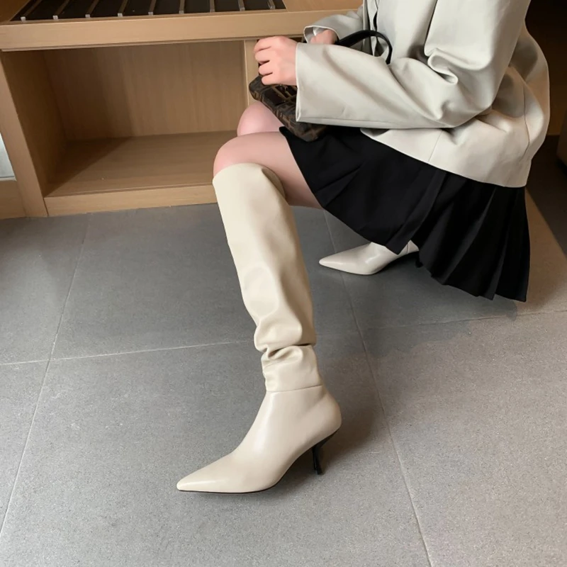 NEW Fall Shoes Women Pointed Toe Stiletto Leather Boots for Women INS Fashion Sexy Knee-high Boots Solid Pleated High Heel Boots