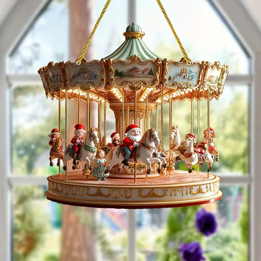 2PC Santa Claus Carousel Christmas Ornaments Acrylic Sun Catcher Pendant Porch Window Decoration Xmas Scene Festive Decoration