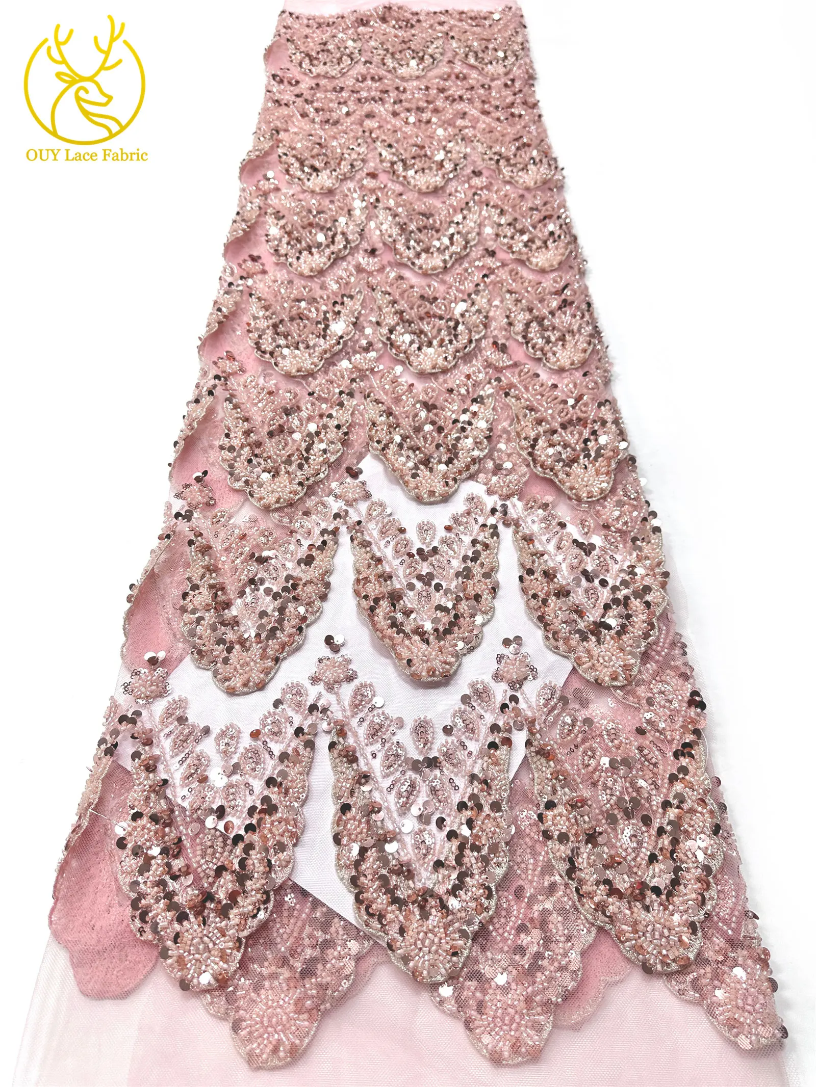 Hochwertiger luxuriöser französischer 3D-handbestickter Perlen-Spitzenstoff, 5 Yards, afrikanischer nigerianischer Pailletten-Spitzenstoff für Braut- und Partykleider – Detail 15