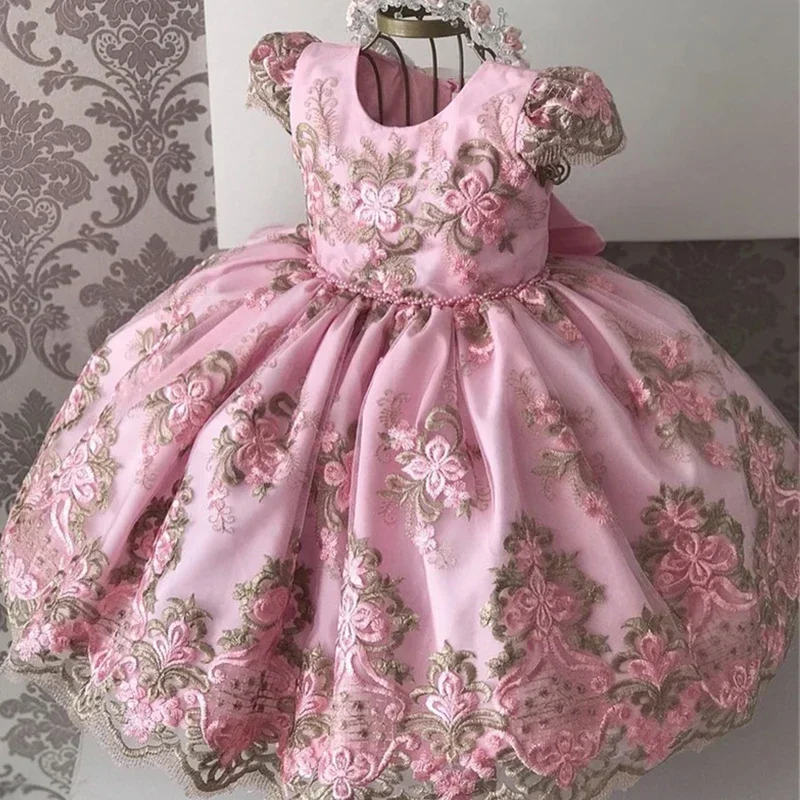 Retro Embroidery Luxury Party Dresses Girls Floral Elegant Backless Princess Birthday Pageant Formal Gown Kids Ceremony Costume