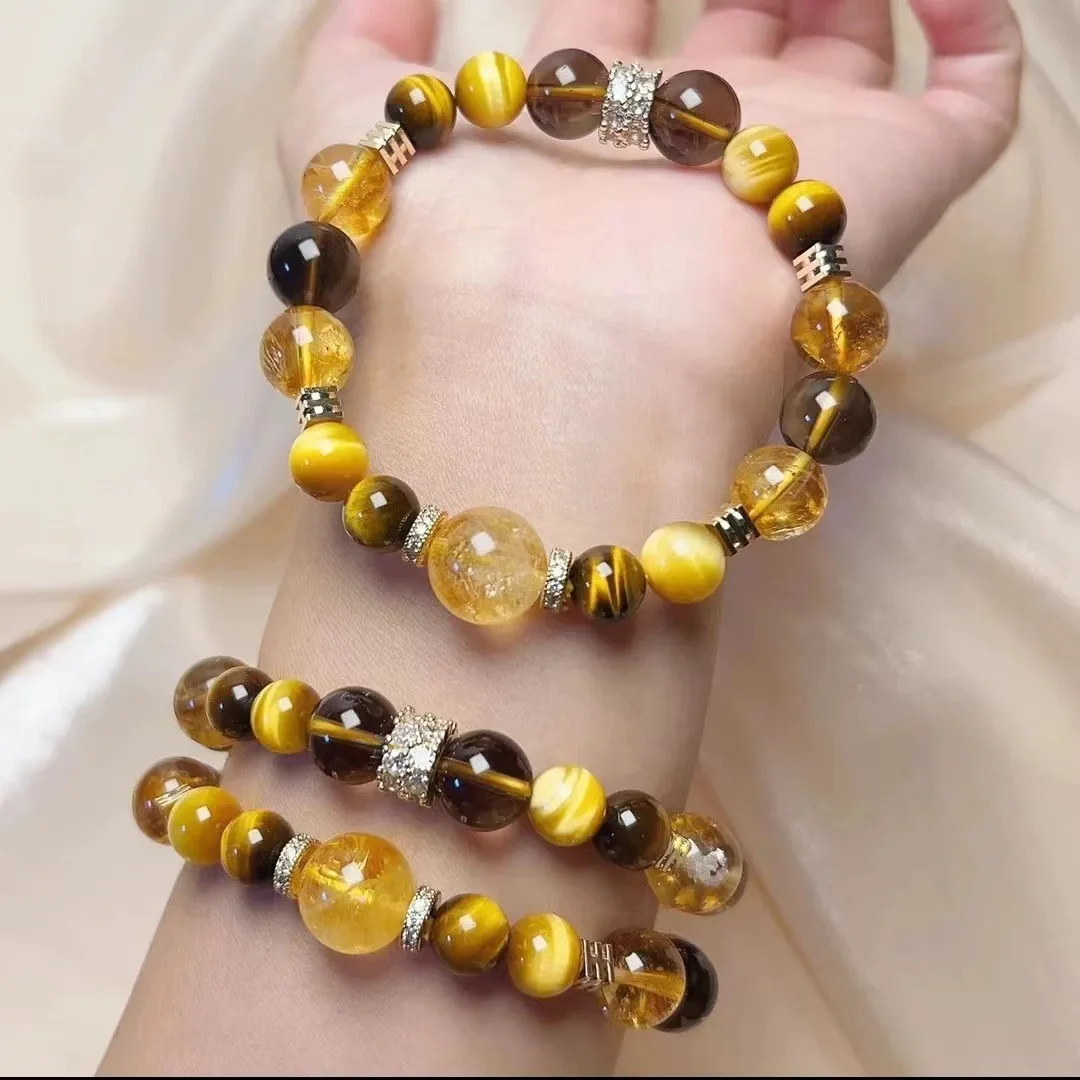 Natural Lucky Tiger's Eye Stone Mixed Variety of Crystals Design Bracelet Men and Women Gold Bead Attracting Wealth HandString