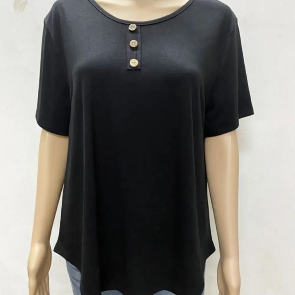 Womens Fashion Button Detail T Shirt Summer Casual Short Sleeve Tee Round Neck Pullover Streetwear Trendy Daily Basic Tops