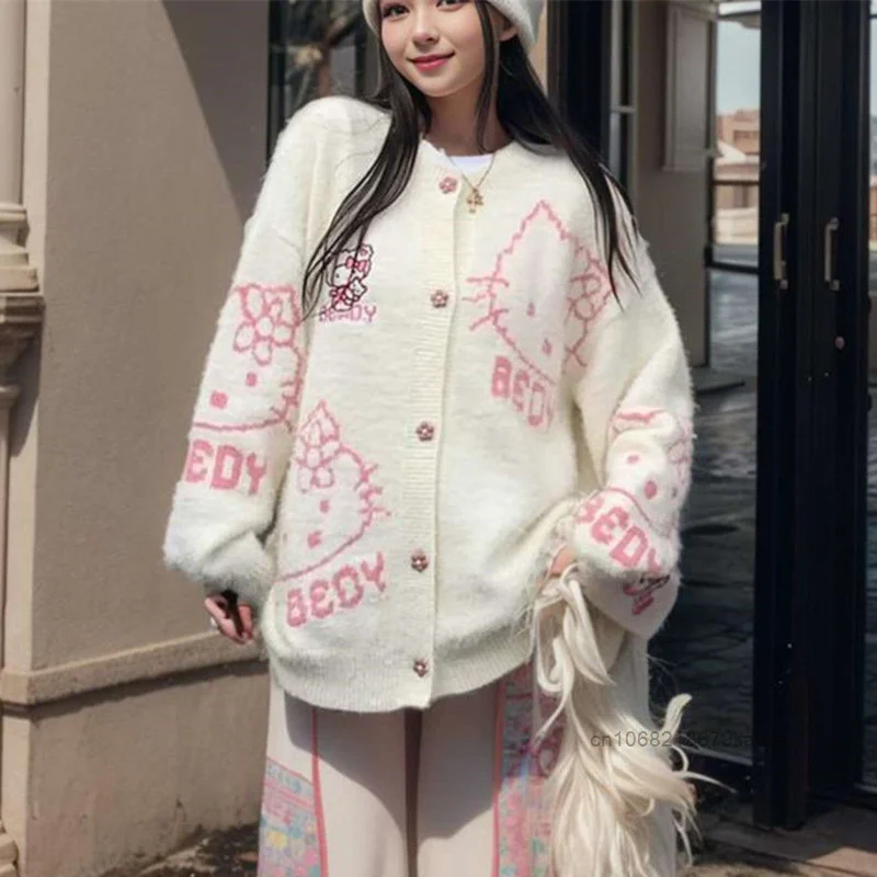 Sanrio Cute Hello Kitty Knitted Sweater Cardigan Women New Fashion Kawaii Design Soft Sweater Japanese Style Loose Casual Coat