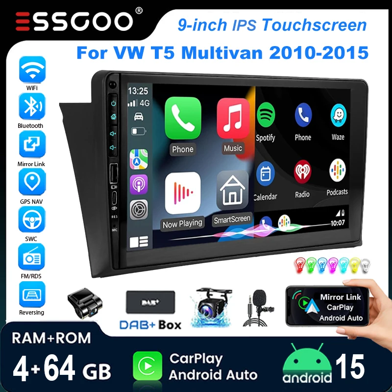 ESSGOO Autoradio Android15 9" 4+64 GB USB Type-C Panel für VW T5 Multivan 2010-2015 Bluetooth Wireless CarPlay GPS Navigation WiFi Sieben Farben Android Auto Lenkradsteuerung Mirror Link