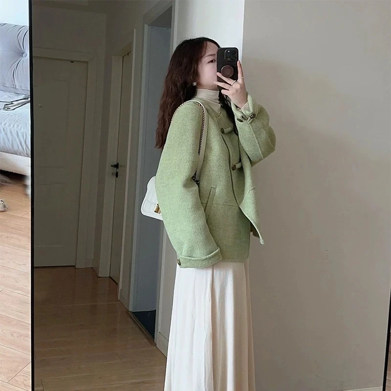 

Green Wool Jackets Women Thicker Keep Warm Windbreak Single Breasted Casual Winter Coats Pockets Korean Style Minimalist Temper