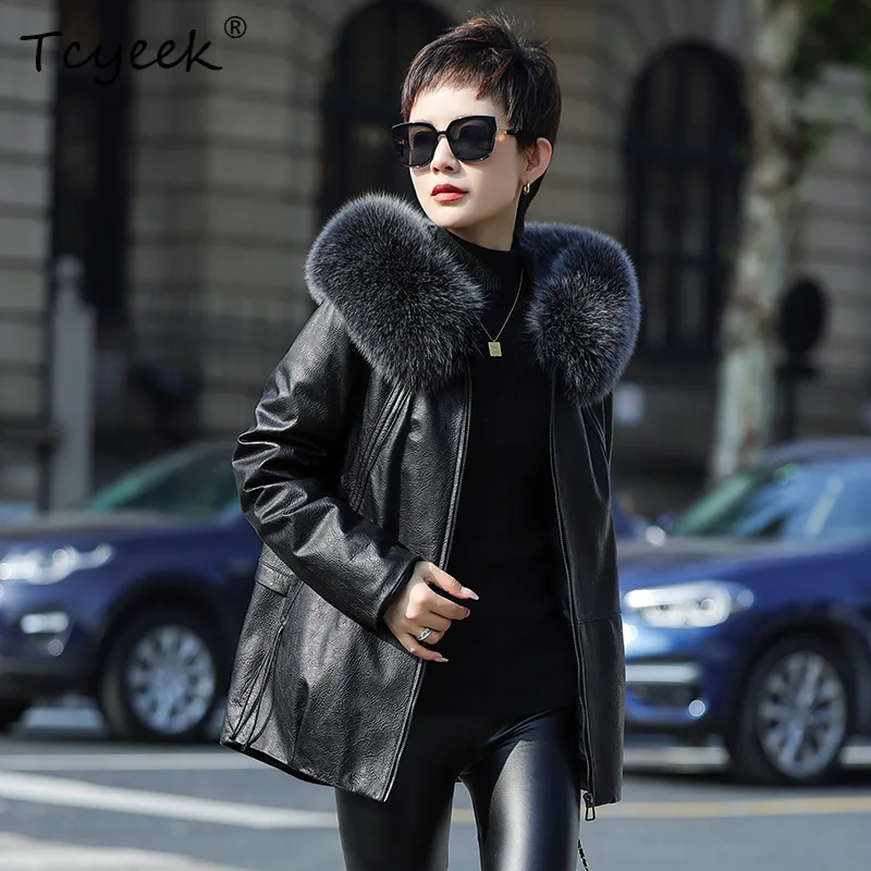 

Кожаная куртка Tcyeek из натуральной овчины для женщин, с пуховым утеплителем, осенне-зимняя одежда, с воротником из лисьего меха, Jaqueta De Couro
