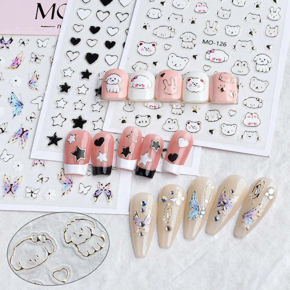 5d Relief Cartoon Nagel Charms Aufkleber Metallic Farbe hohl Schmetterling Liebes muster DIY Y2K Design Nagel Dekoration Aufkleber Tipps