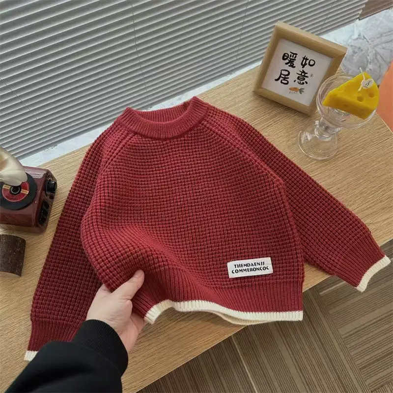 

Boys Girl Sweater Autumn/Winter Clothing Children's Korean Edition Fashion Color Contrast Warm Hooded Knitted Sweater 1-6Y