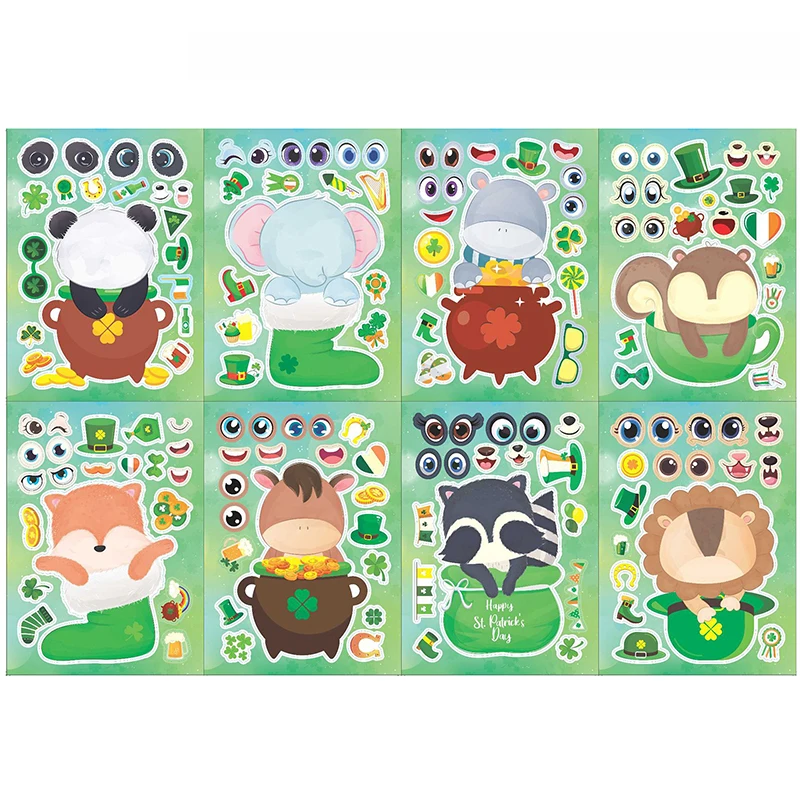 16Sheets Cute Animal Stickers DIY Make Face Stickers Cartoon Assemble Jigsaw DIY Children Toys Stickers Face Puzzle Stickers