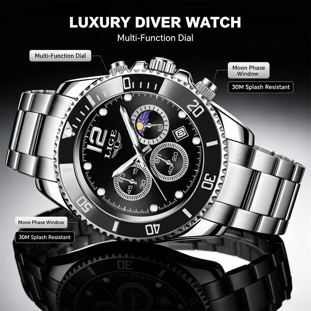 LIGE Stainless Steel Watch Men's European American Business Leisure Quartz Watch Waterproof Outdoor Sports Watch reloj hombre
