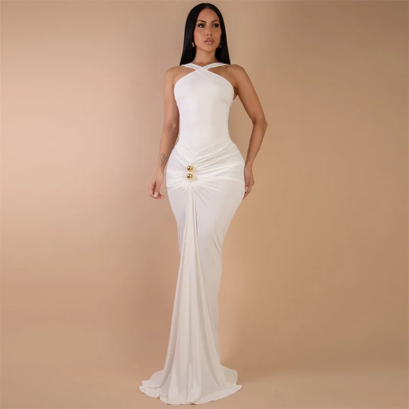 Doyerl halter sem alças sereia vestidos de festa mulher noite celebridade elegante ruched miçangas bainha magro bodycon maxi vestido robe