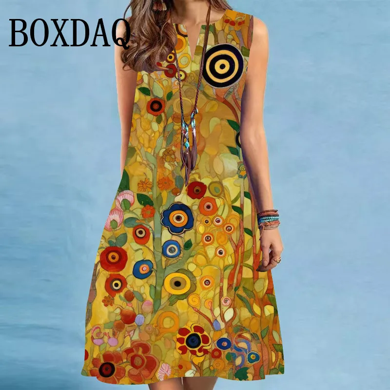 Retro Painting Art Women Elegant Midi Dress Sleeveless Aesthetic Loose Dresses Women Casual Flower 3D Print A-Line Dress Summer