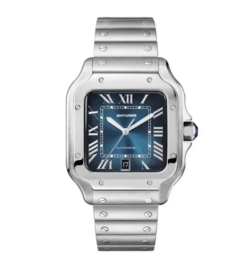 ساعة رياضية ميكانيكية من الفولاذ المقاوم للصدأ مربعة بمينا روماني جلد أسود عالي الجودة ساعة أوتوماتيكية للرجال متجر WATCH1