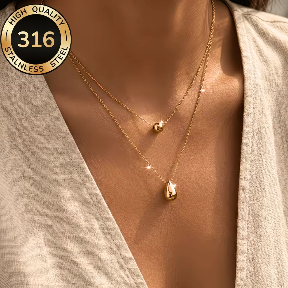 Edelstahl Einfache Modische Wassertropfen-Anhänger Halskette Doppellagige Runde Kugel-Charm Schlüsselbein-Kette Choker Schmuck Collier
