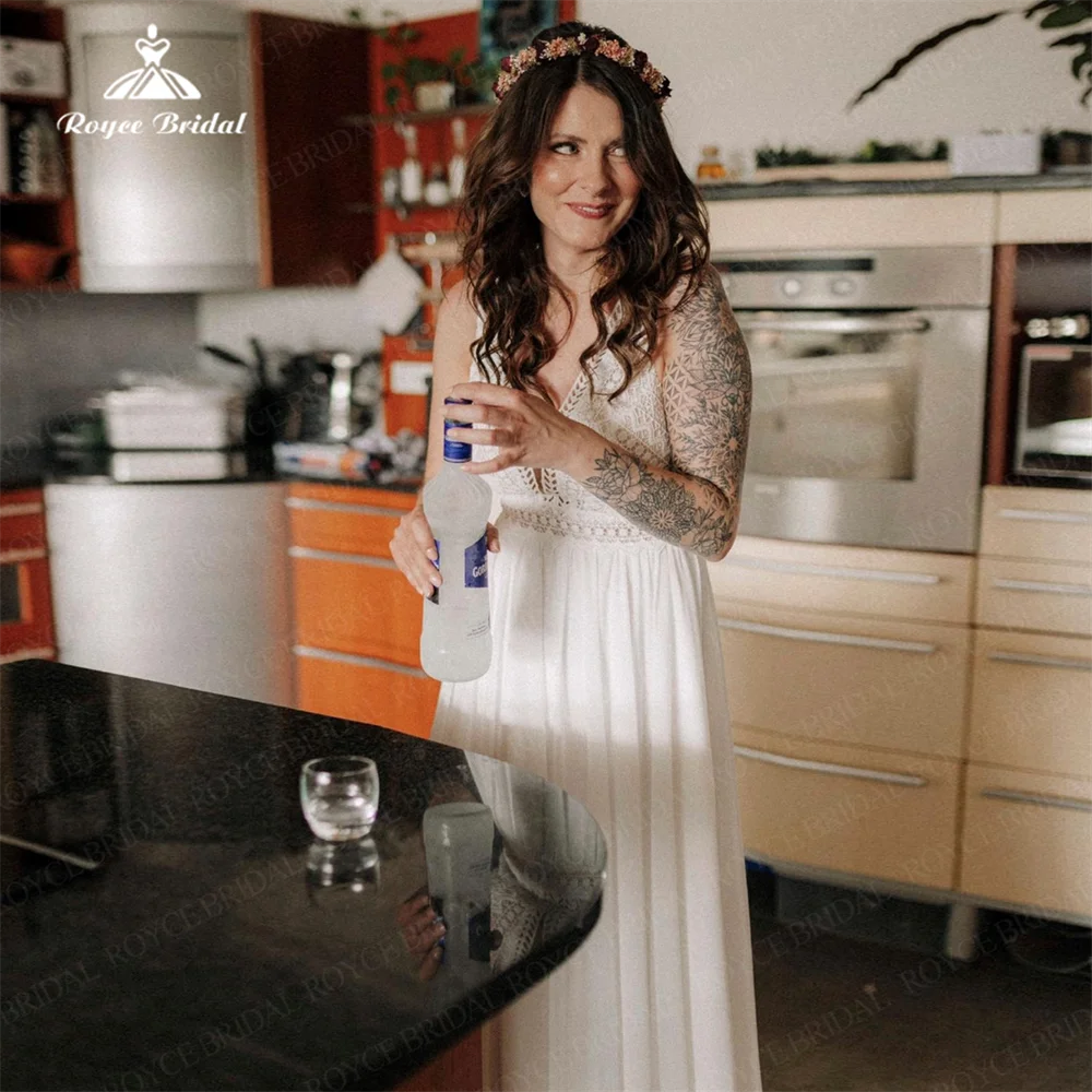 Personalizar Boho una línea cuello en V vestido de novia Simple nueva llegada espalda abierta con botones vestidos de novia vestido boda invitada mujer