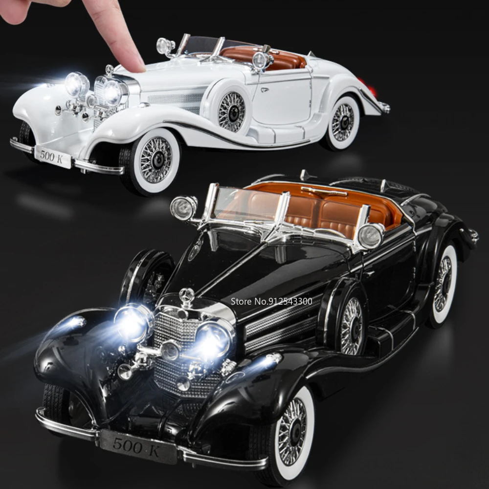 Large Scale 1:18 Benz 500K Classic Car Model Toy Shock Absorption Music Light Doors Opened Retro Vehicle Models Ornaments Gifts