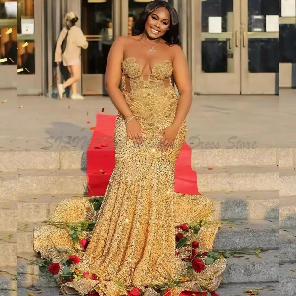 Abito da ballo a sirena con paillettes dorate personalizzato 2025 per ragazze nere Abito da gala con strass di cristallo in rilievo Robe De Soiree Elegante