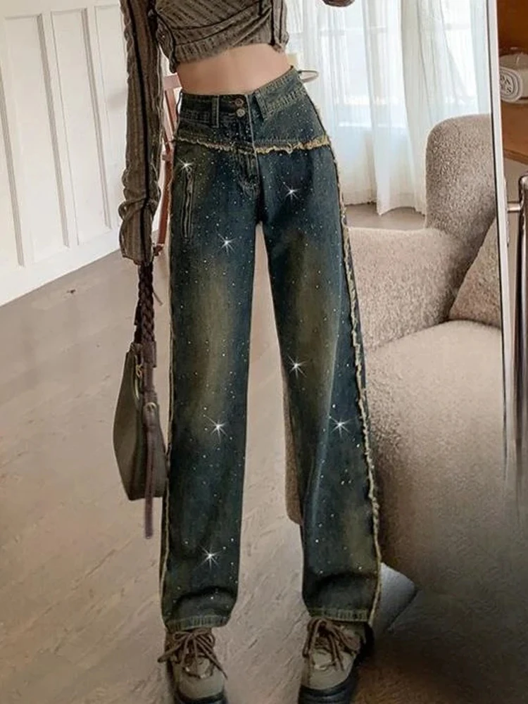 Damskie jeansy z wysokim stanem i szerokimi nogawkami, luźny krój, proste spodnie dżinsowe, jesienne modne spodnie wyszczuplające do ziemi.
