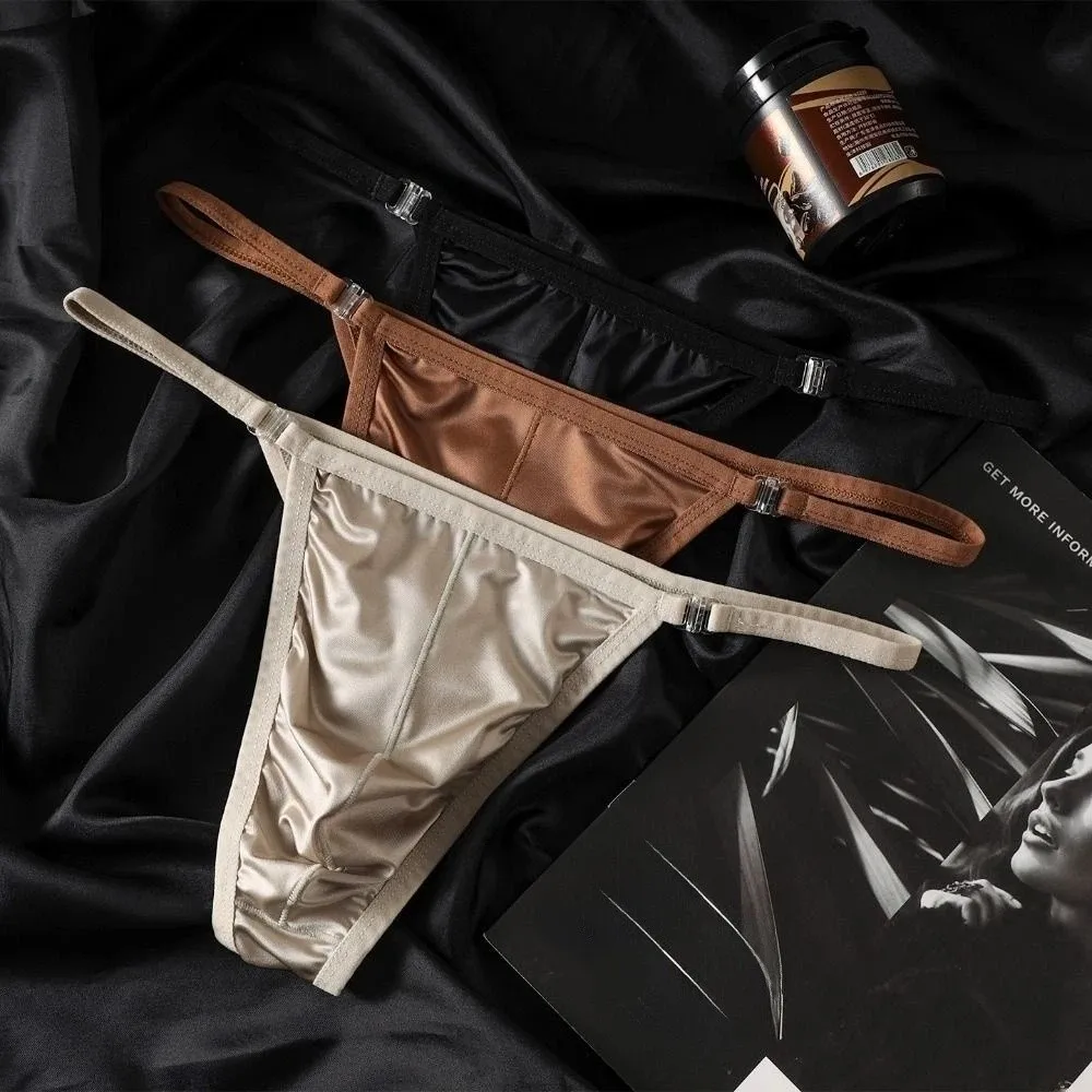 Underpants T-back Men Thong Lingerie Low Waist Bikini Satin Briefs Ice Silk Thin Belt Triangle Panties Swimwear