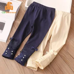 Spring Autumn New Design 2 3 4 6 8 10 Year Children Dark Blue Beige Pears Bow Lace Basic Little Baby Kids Girl Leggings