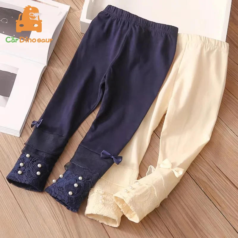 Spring Autumn New Design 2 3 4 6 8 10 Year Children Dark Blue Beige Pears Bow Lace Basic Little Baby Kids Girl Leggings