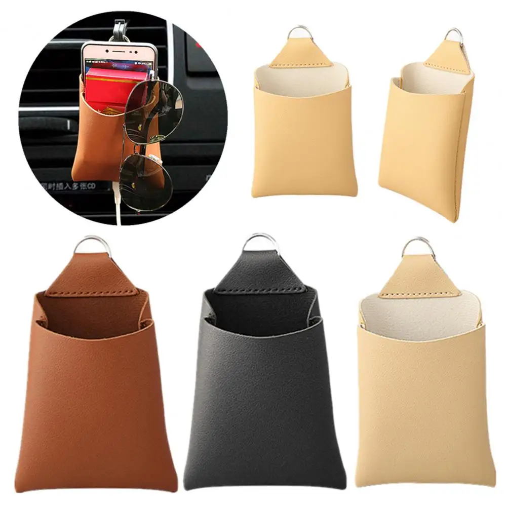 Car Storage Bag with Hook Easy to Install Minimalistic Stable Anti-fall Interior Organizer Faux Leather Car Cell Phone Air Outle