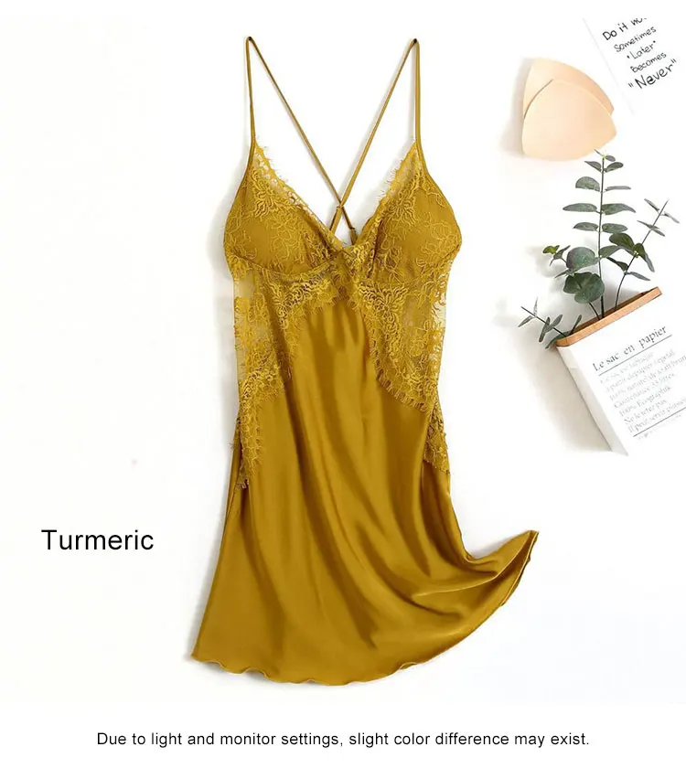 Camisón de satén con encaje para mujer, cuello en V, tirantes finos, sin espalda, lencería elegante para dormitorio