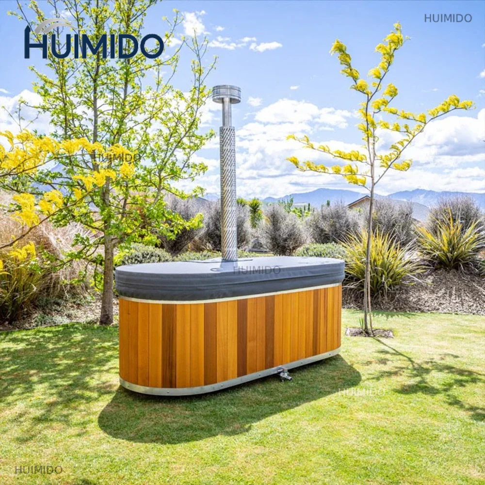 Modern Red Cedar wood combustion outdoor hot tub spa with a capacity of 2-4 people, equipped with a stainless steel inner tank - view 2