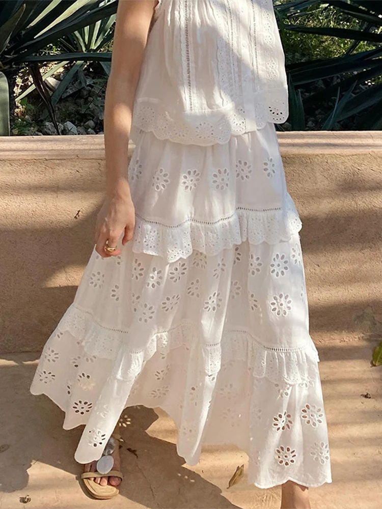 GypsyLady French Chic Embroidery Maxi Skirt White Tiered Summer Women Long Skirts Hollow Out Sheer Ruffles Ladies Skirt Falda