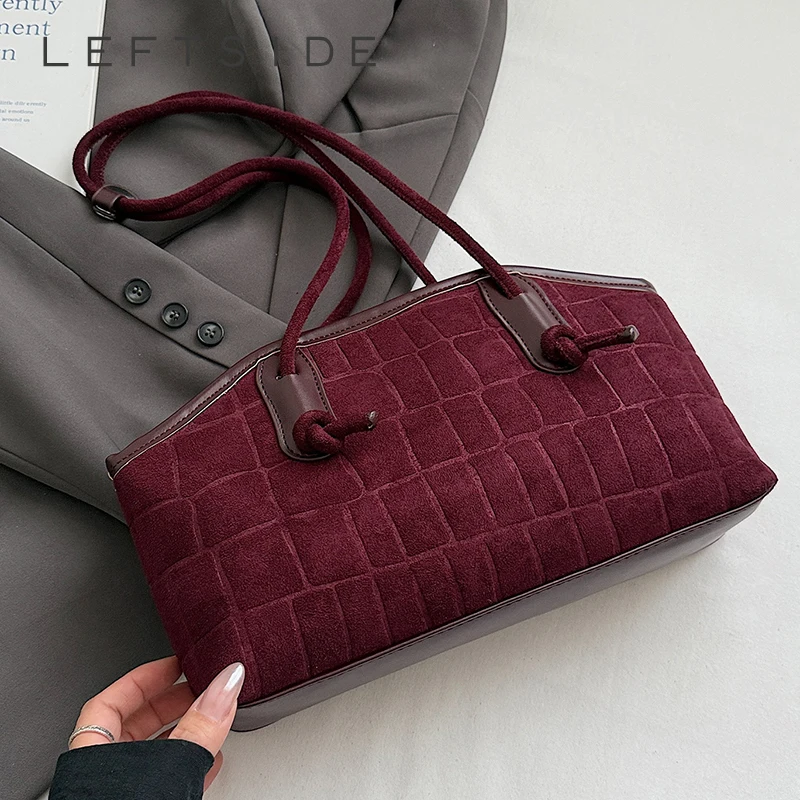 

LEFTSIDE Women Stone Pattern Faux Suede Shoulder Bag 2025 Winter Retro Soft Tote Bag Luxury Designer New Trend Female Handbags