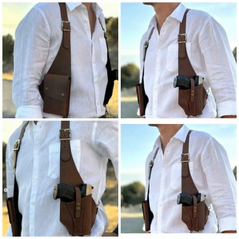 Double Shoulder Straps Multi-Pocket Outdoor Anti-Theft Adjustable Cosplay Waist Bag Leather Multi-Function Men's Messenger Prop