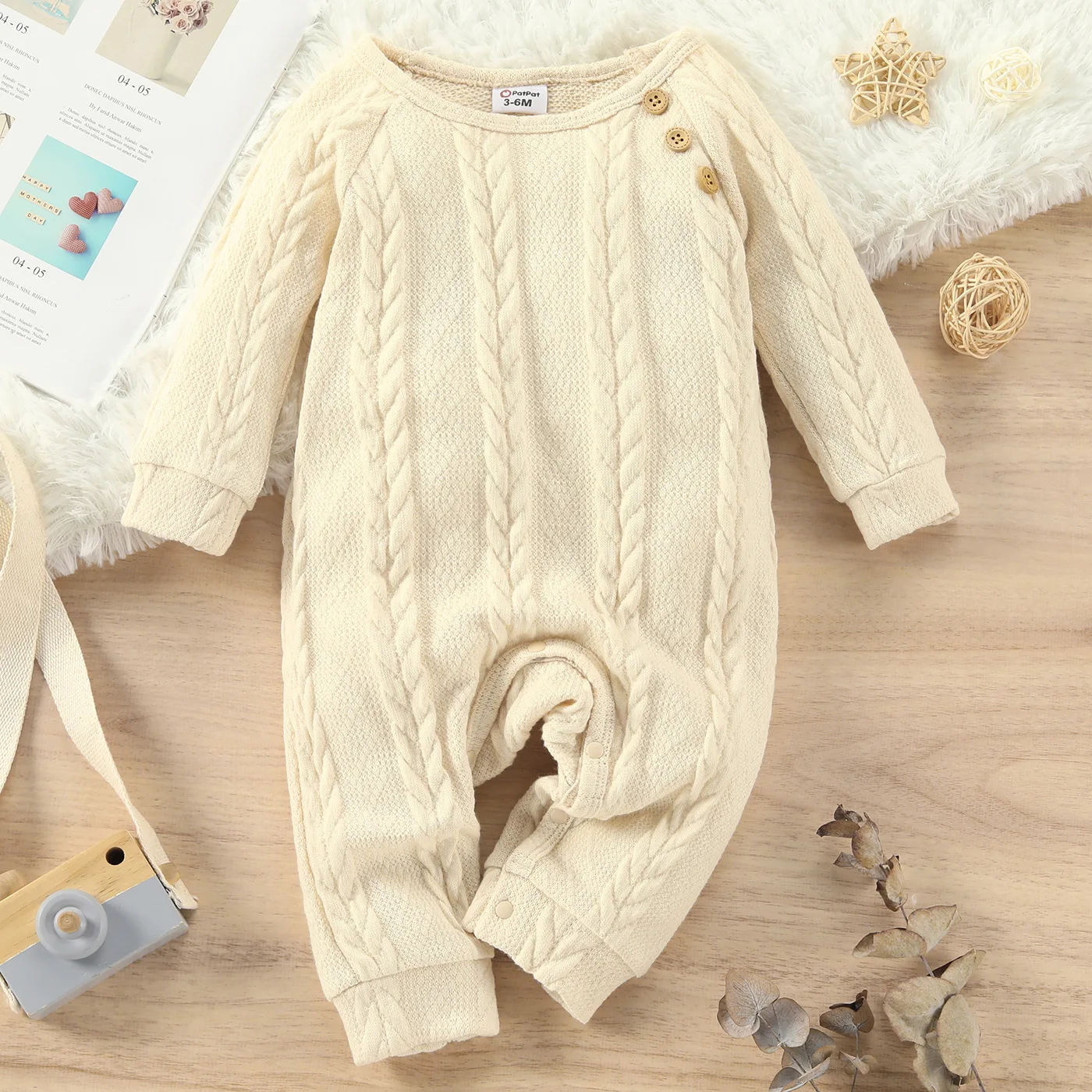 PatPat Autumn Infant Newborn Romper Baby Boy/Girl Clothes Casual Solid Cable Knit Long-sleeve Playsuit Jumpsuit for Babies