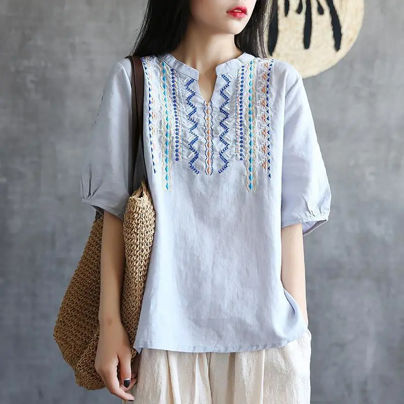 

Summer Women Embroidery Cotton Hemp T-Shirt Oversized Half Sleeve V-neck New Vintage Pullover Basic Fashion Loose Casual Tops