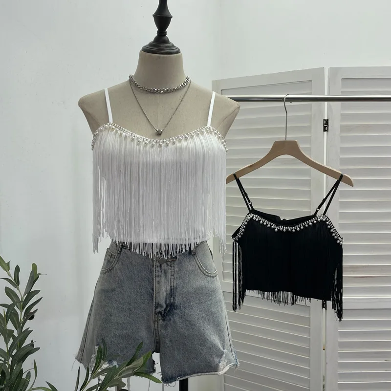 タッセルトリム ダイヤモンド装飾 パール装飾 スウェット アウターベストトップ レディースファッション 春秋 2024