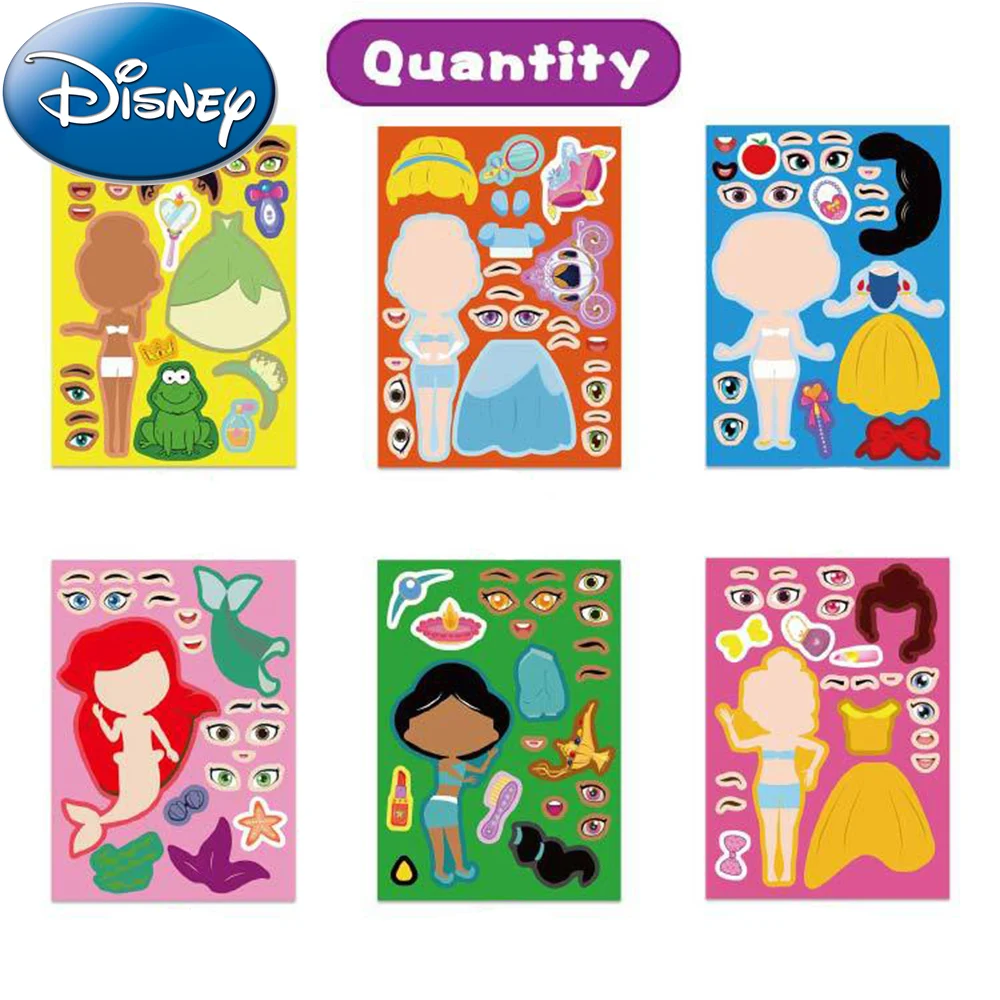 6/12sheets Disney Cartoon Princess Puzzle Stickers Make A Face Children Funny Decals DIY Assemble Jigsaw Kids Educational Toys