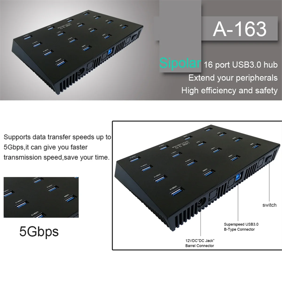 T36C A-163 25W Powered Super Data Speed 5Gbps 16 Ports USB3.0 Duplicator Hub USB Flash Driver Copier EU PLUG