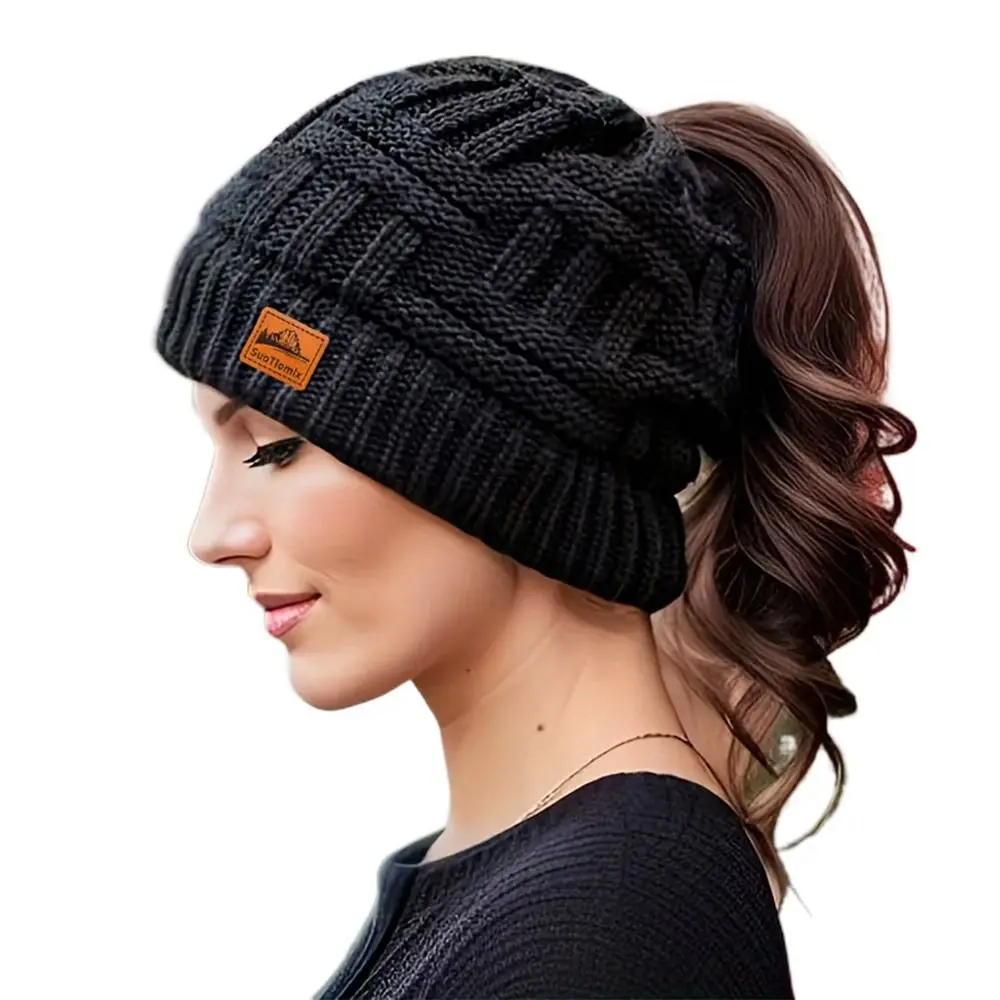أزياء الكروشيه ذيل حصان قبعات الشتاء محبوك الدافئة محبوك قبعة رشاقته سدادات حماية الأذن قبعة صغيرة السيدات' #1