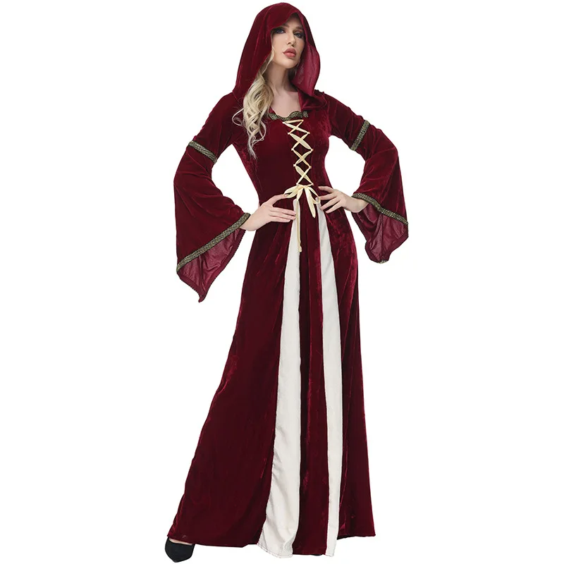 

loween Performance Witch Costume Gothic Medieval Long Dr with Hood k Red Devili Lady Court Women's Traditional Outfit